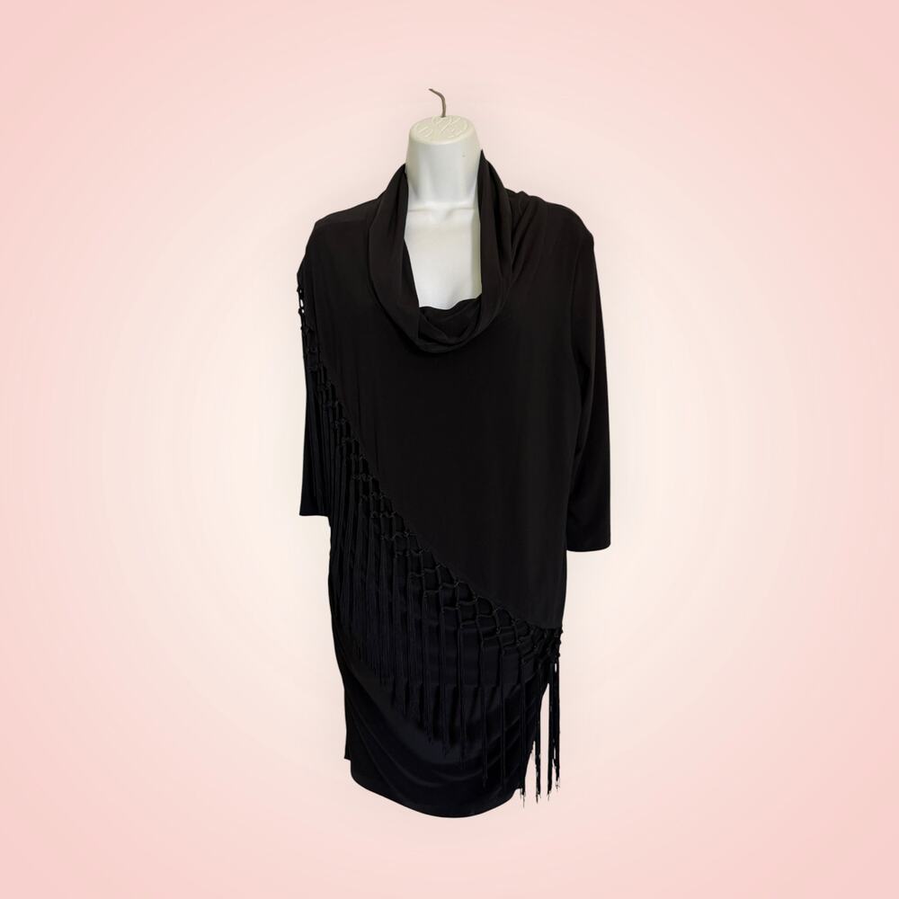 Vintage Joseph Ribkoff Black Fringer Cowl Neck Tunic Dress 16 Made in Canada